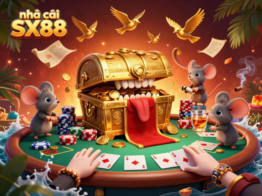 Experience the excitement at nhà cái SX88 with an inviting treasure scene and vibrant gaming elements.