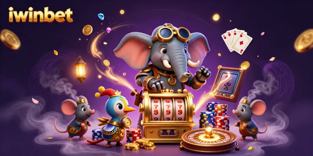 Engage with iwinbet's playful steampunk casino scene featuring slot machines and lively characters.