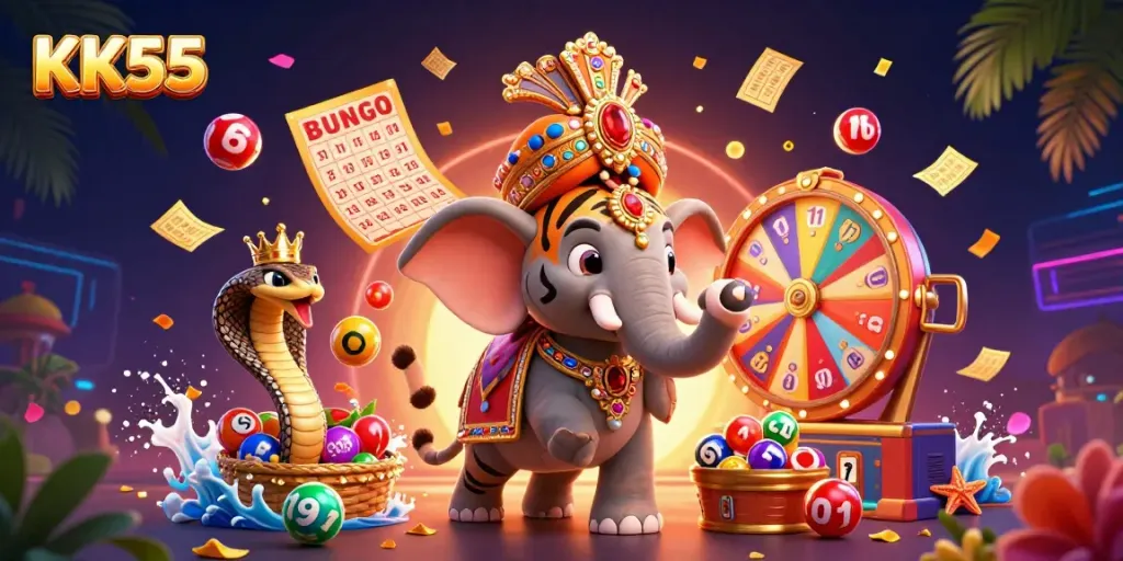 KK55's vibrant online gaming scene featuring a maharaja tiger and elephant amidst dynamic lottery elements.