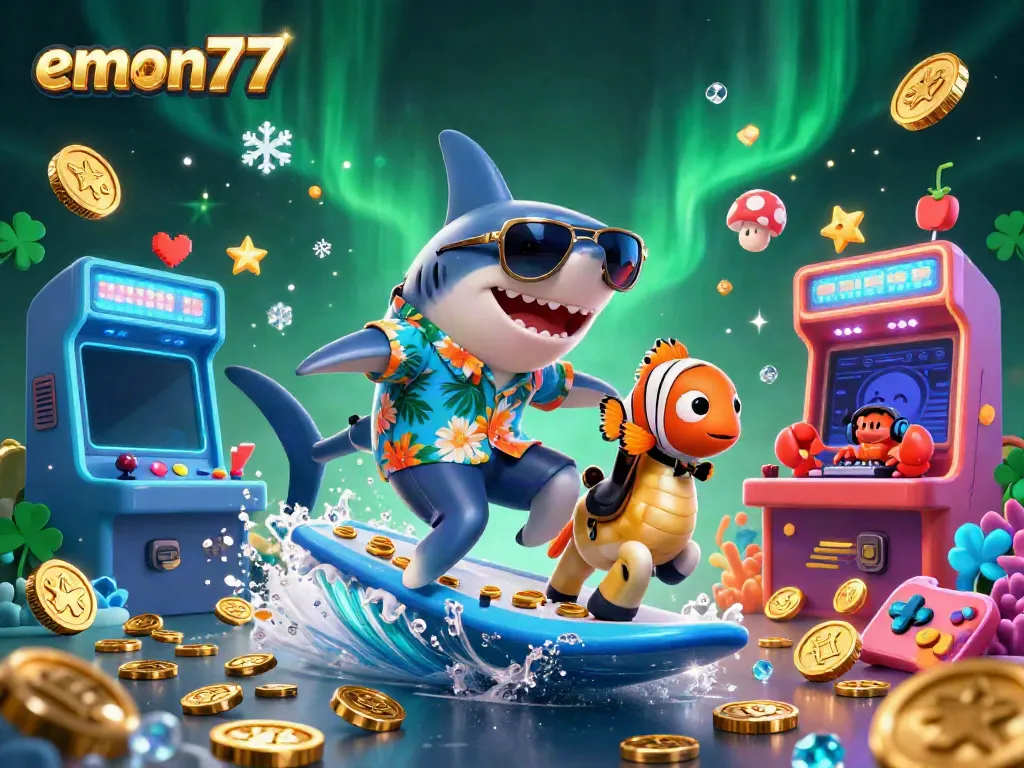 Experience thrilling adventures at emon77 with engaging slot games and vibrant characters, all in one dynamic illustration.