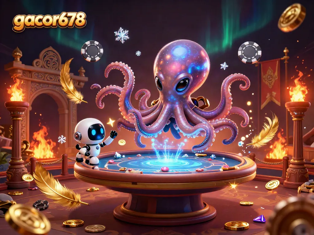 Engage with gacor678's dynamic holographic poker universe featuring an alien octopus and robot sidekick.