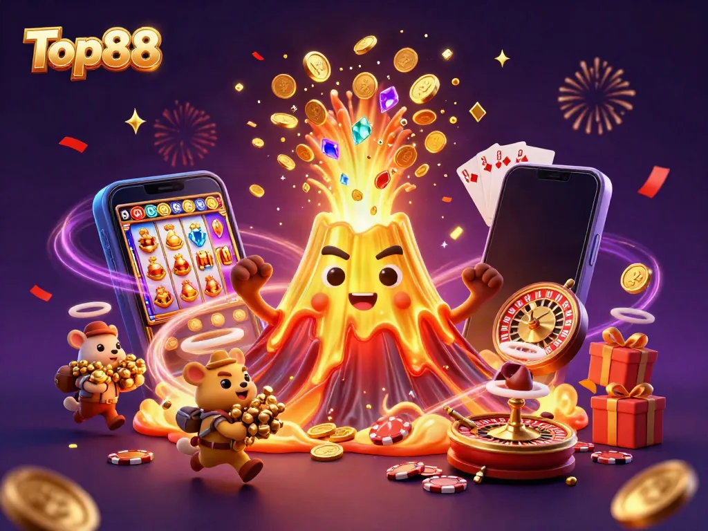 Experience excitement at Top88 with a golden volcano and treasure-filled adventure.