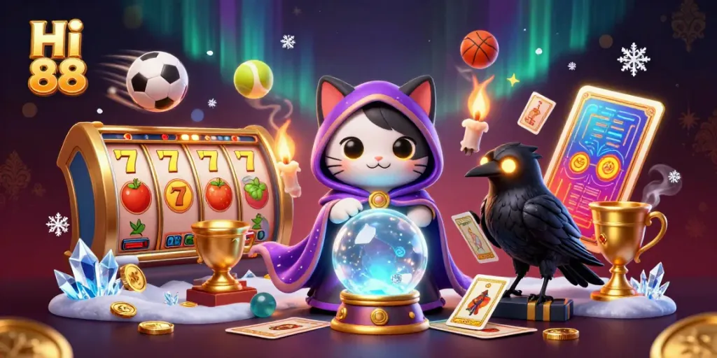 Hi 88 animated casino scene showcasing a mystic cat, raven, and slot game elements.