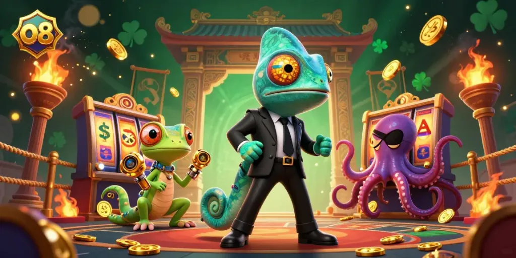 Experience thrilling action with the o8 casino characters amidst swirling slot reels and golden tokens.