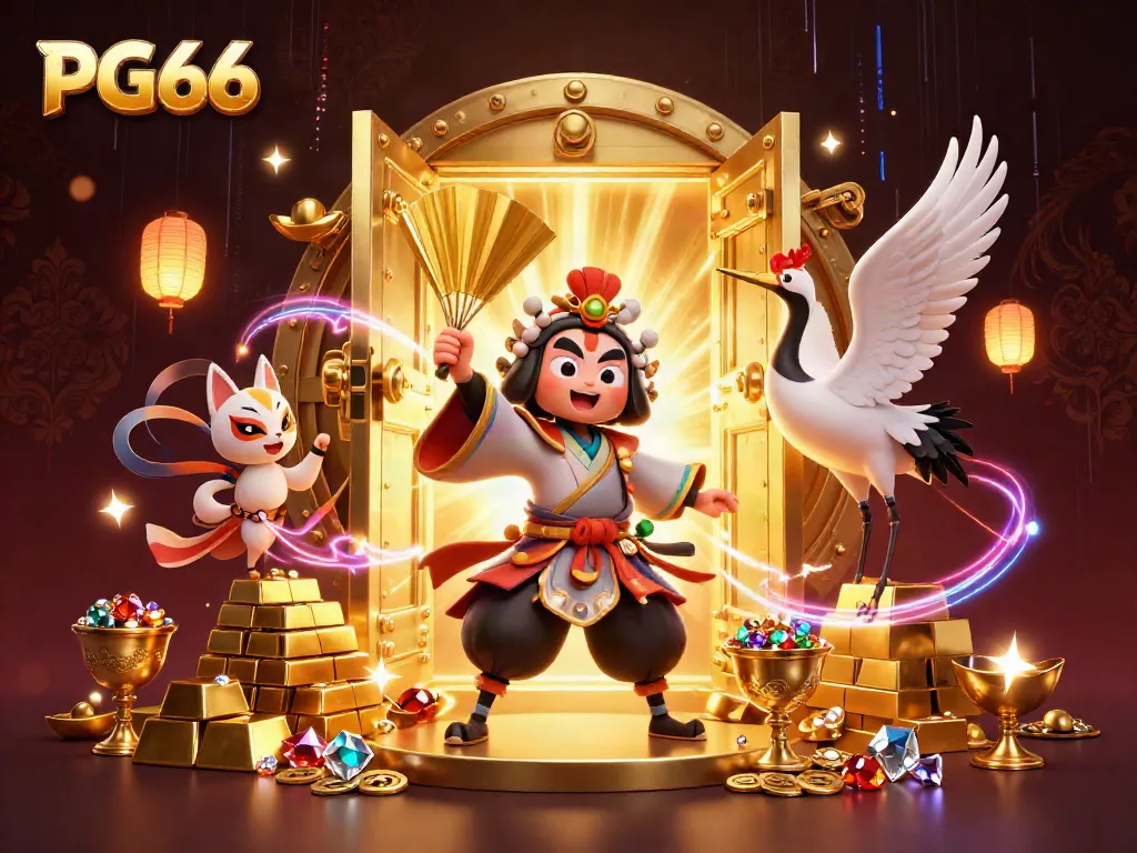 Experience the vibrant world of PG66 with a kabuki warrior and rich treasures in this dynamic casino scene.