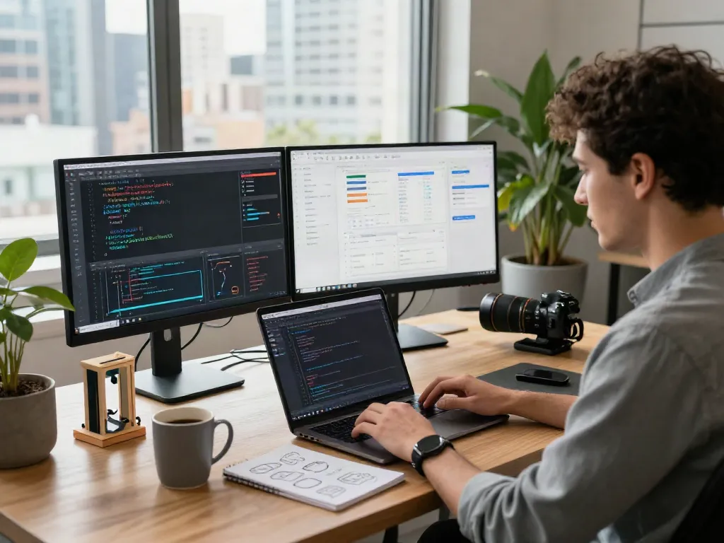 Developer working on pecah404 code in a modern office workspace.