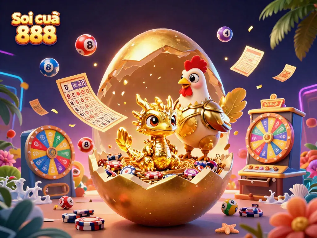 Engage with Soi cầu 888 and uncover the golden dragon amidst vibrant lottery elements in a dynamic scene.