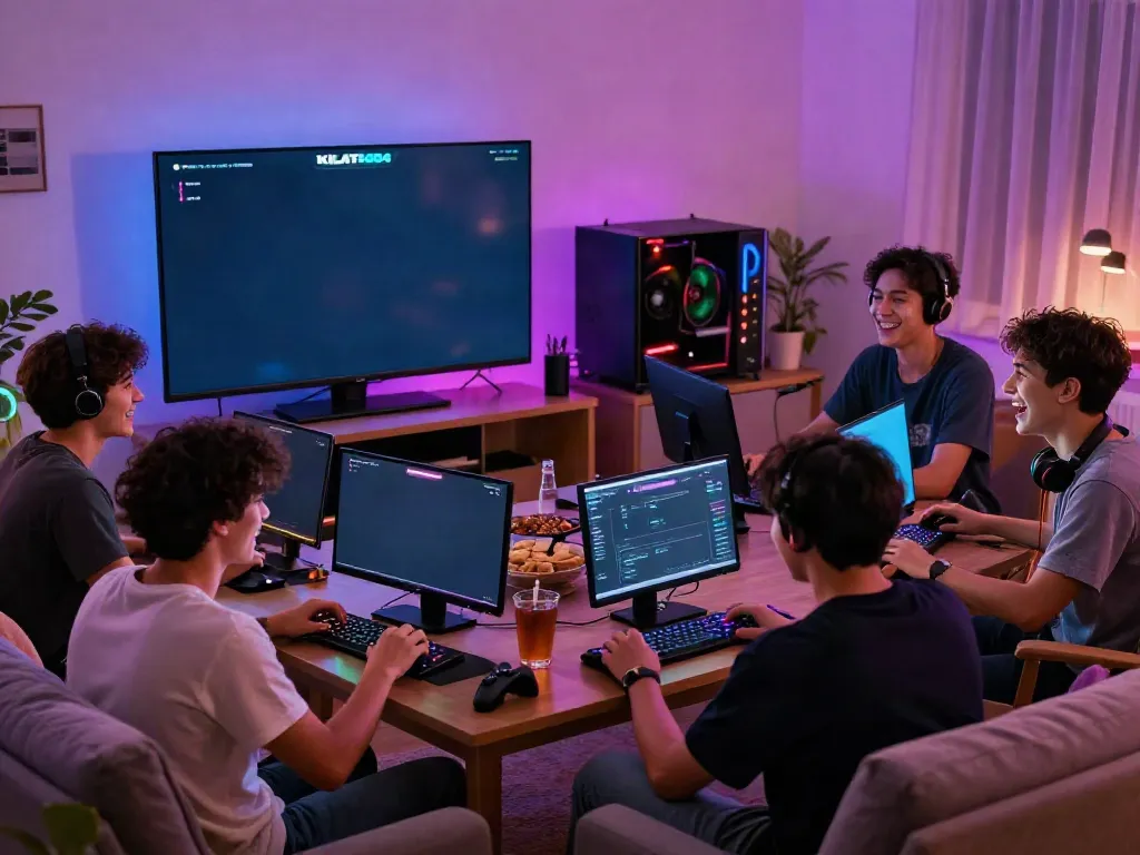 Kilat 404 gaming night with friends enjoying multiplayer games in a cozy setting.