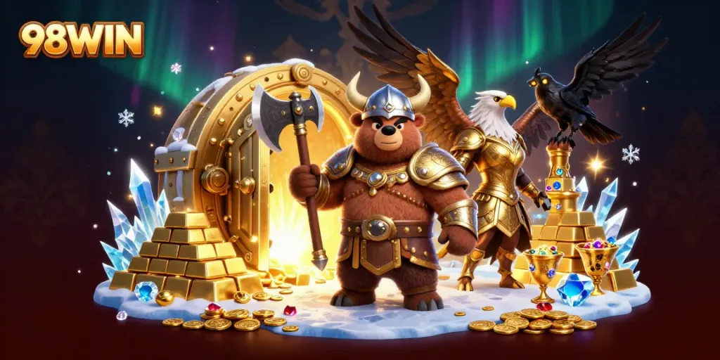Experience the thrill of winning big with 98WIN, featuring Viking characters and glowing treasures.