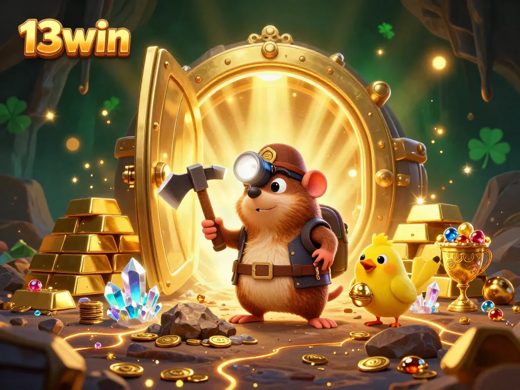 Engage with thrilling gameplay at 13win, featuring a treasure hunter mole exploring a gem-filled cave.