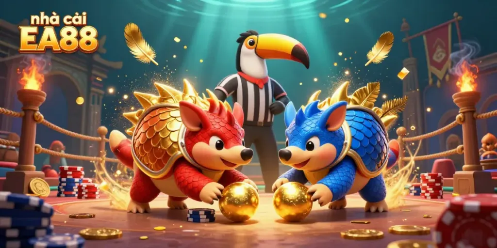 nhà cái EA88 showcases vibrant pangolin characters competing amidst golden poker chips and casino elements.