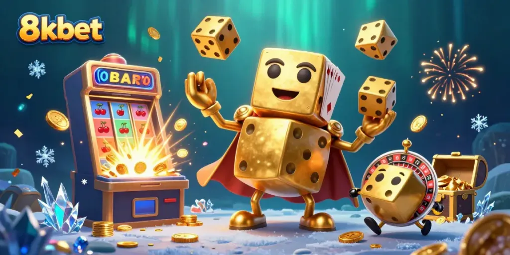 Experience thrilling gaming action with 8xbet's golden dice, dynamic jackpots, and vibrant casino elements.
