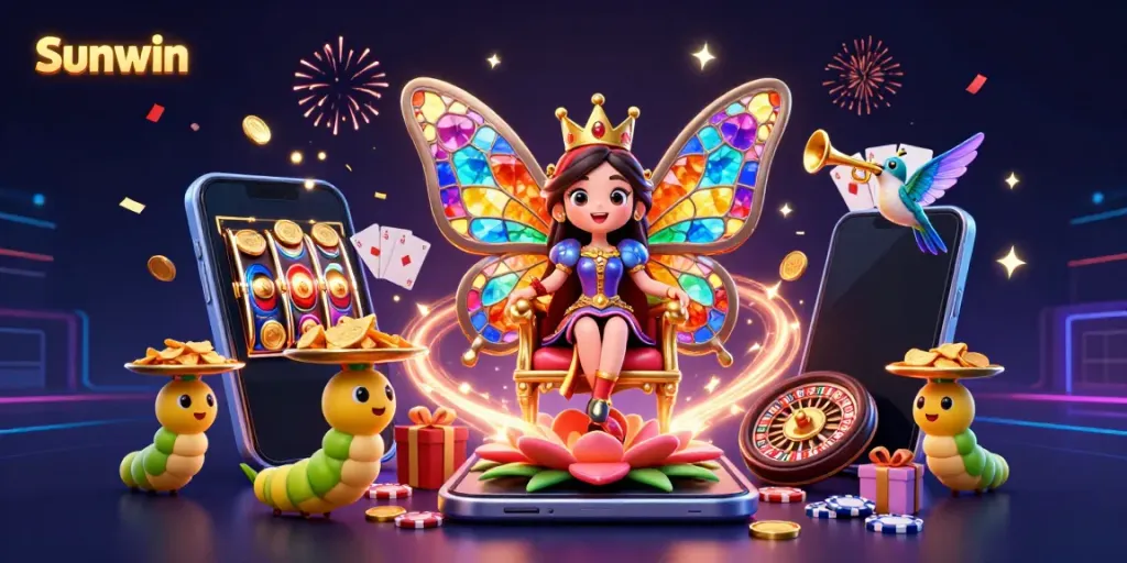 Experience Sunwin's diverse games with the whimsical butterfly queen and captivating casino elements in a rich 3D illustration.