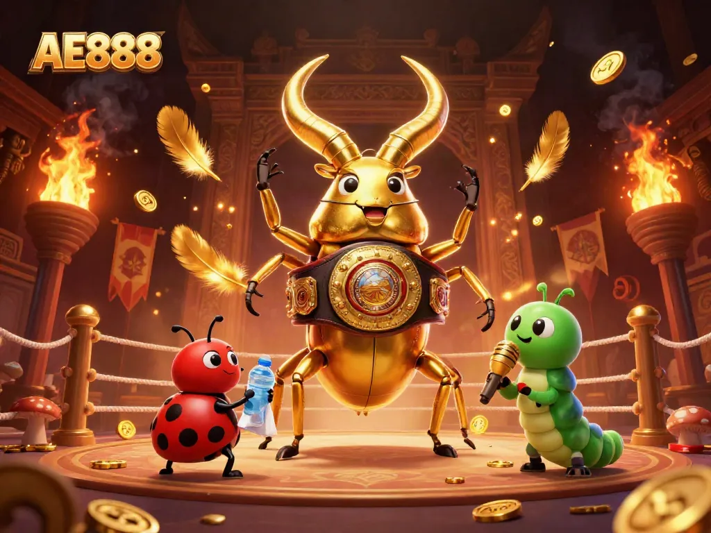 Engage with AE888 in a dynamic 3D casino showdown featuring a golden beetle, ladybug, and caterpillar.