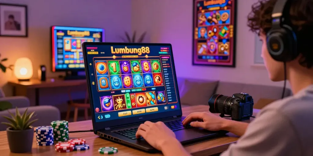 Player enjoying Lumbung88 online slots in a cozy gaming environment with vibrant icons.