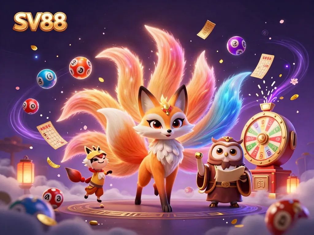 Engage with SV88's vibrant lottery-themed 3D illustration, showcasing a mystical fox and owl with colorful elements surrounding them.