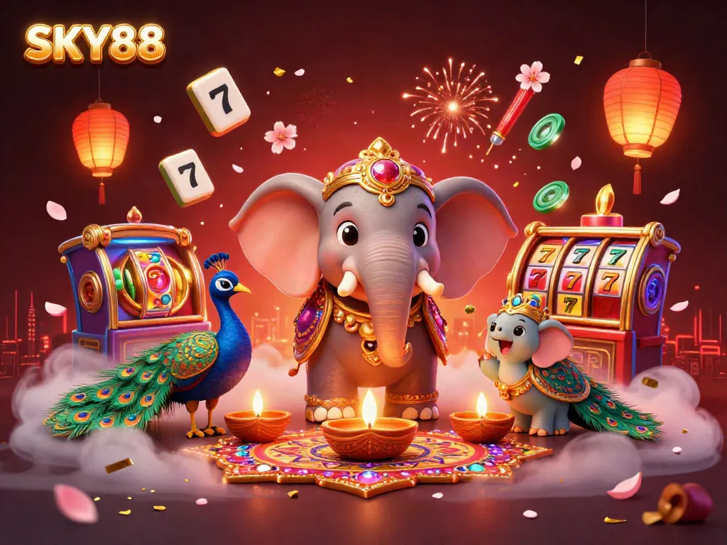 Spin the reels at SKY88 with vibrant casino-themed elements in a colorful celebration.