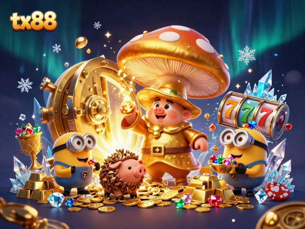 Experience the magic of tx88 with a golden wizard and treasures in a vibrant casino scene.