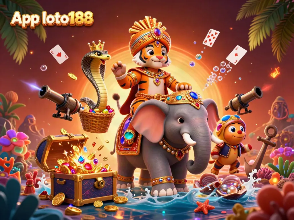 Play and win with App loto188, illustrated by a flamboyant maharaja tiger and treasure-filled scene.