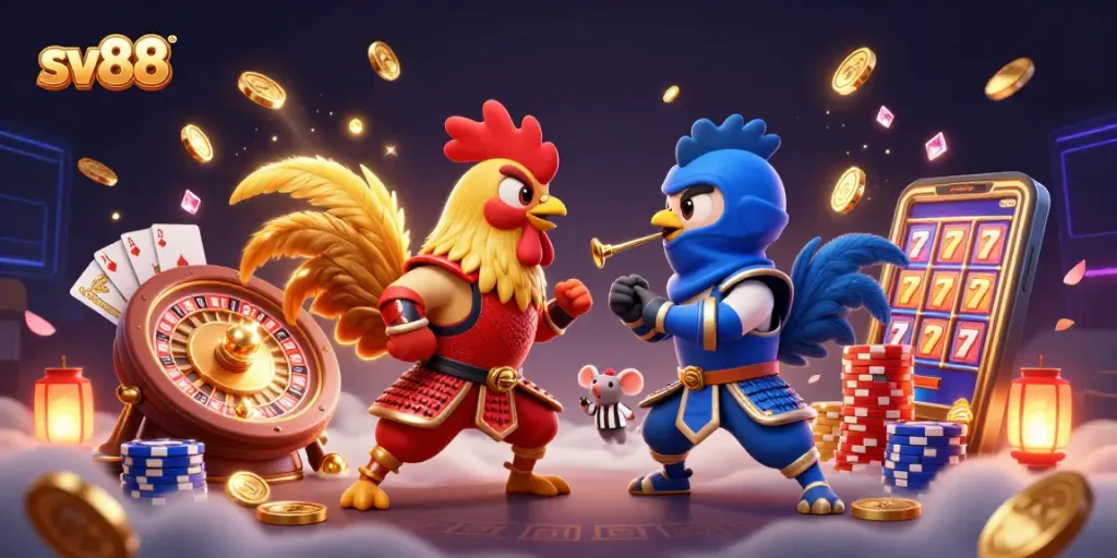 Experience the thrill at sv88 with dynamic casino action featuring cartoon samurai roosters.