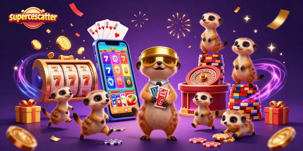 Experience the thrill of superacescatter as meerkats run a dynamic casino filled with slots and confetti.