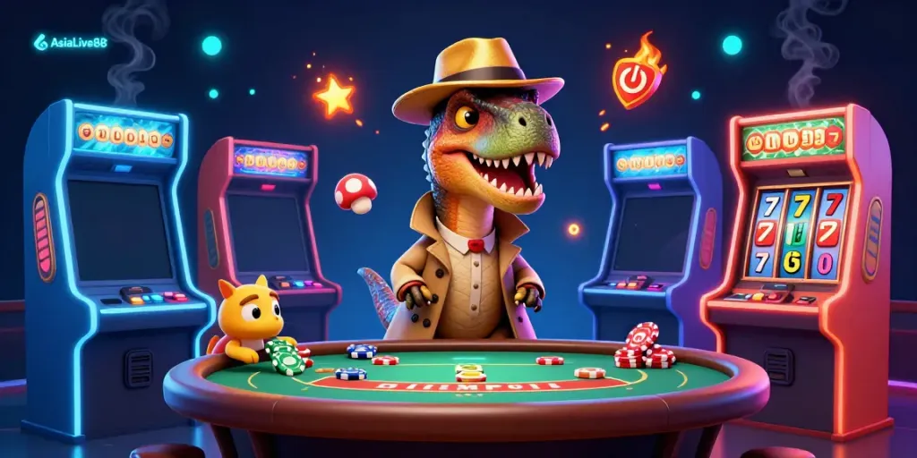Experience the excitement of AsiaLive88 as a velociraptor card counter and characters navigate a vibrant casino environment.