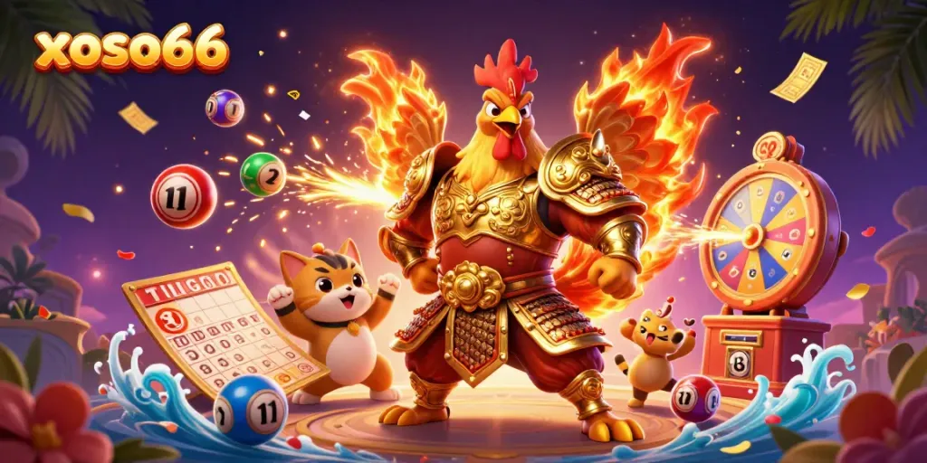 Engage with xoso66 in a vibrant 3D scene showcasing a rooster warrior, dragon hatchling, and fortune cat with lottery elements.