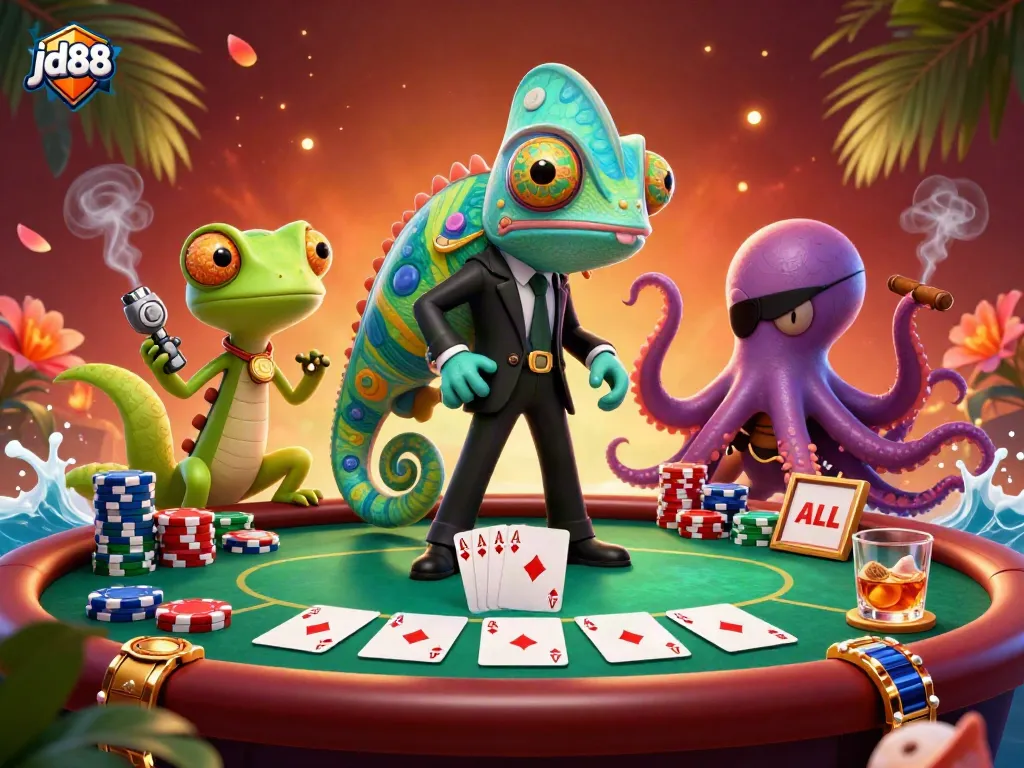 Engage in thrilling games at jd88 casino featuring vibrant characters and poker elements.