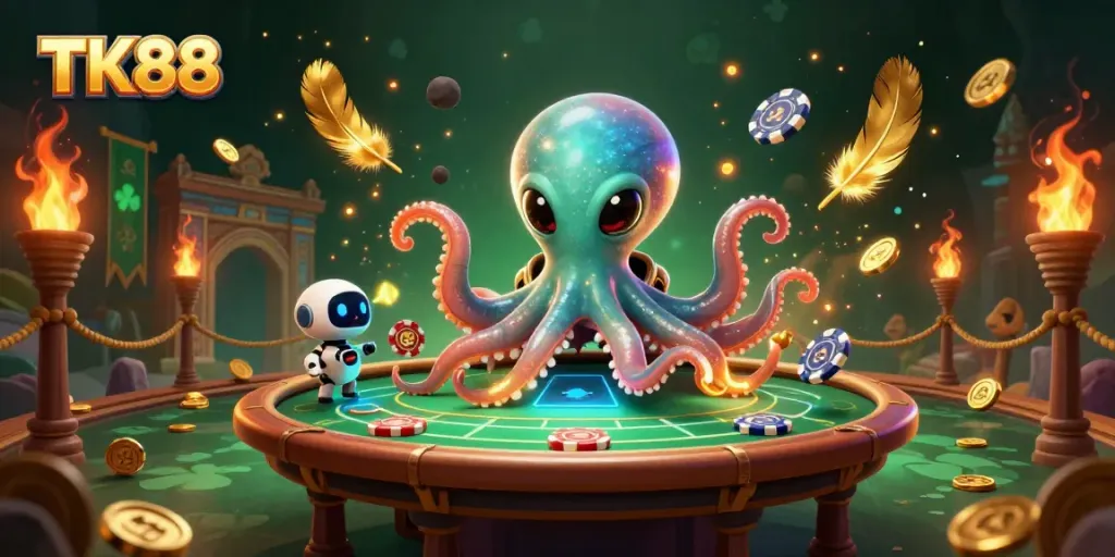 Engage exciting slot games at TK88 with a vibrant, intergalactic casino illustration featuring unique characters and rich details.