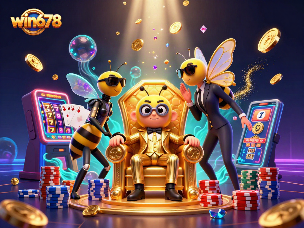 Win678 showcases an engaging scene with a mob boss, slot machines, and vibrant casino elements.