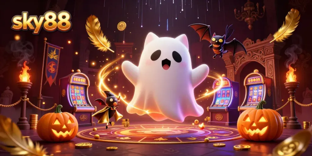 Engage with thrilling slots at sky88 featuring a ghost cat, glowing jack-o-lanterns, and a vampire bat.