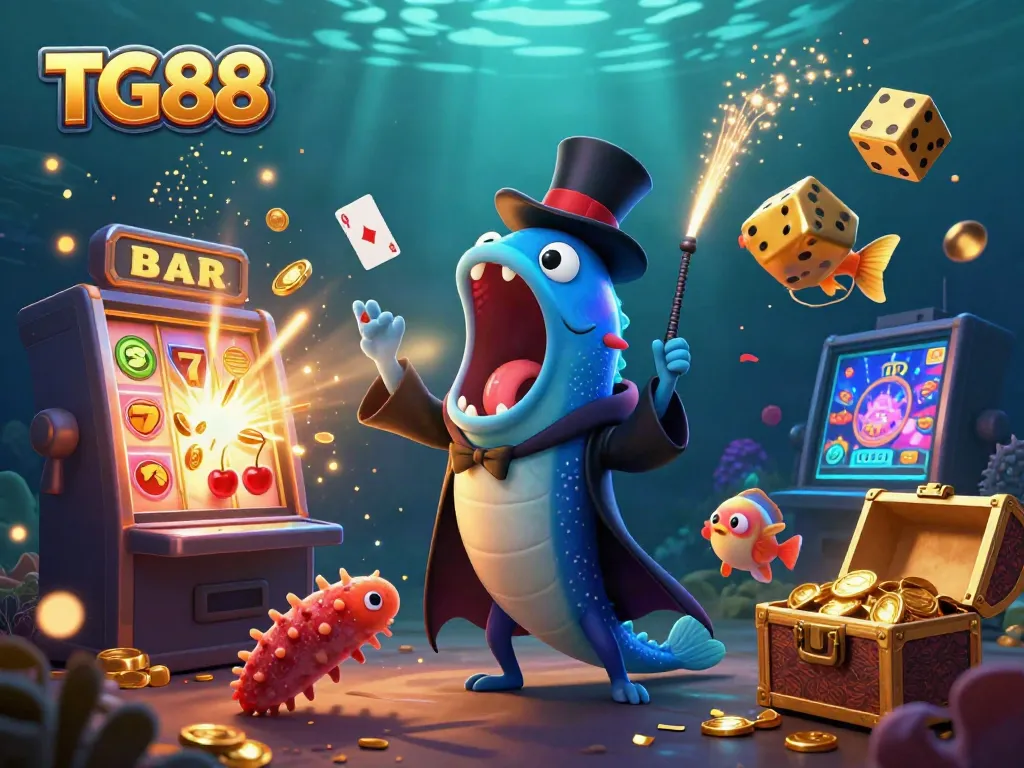 Experience thrilling gaming at TG88 with a lively underwater casino scene featuring unique sea creatures and captivating elements.