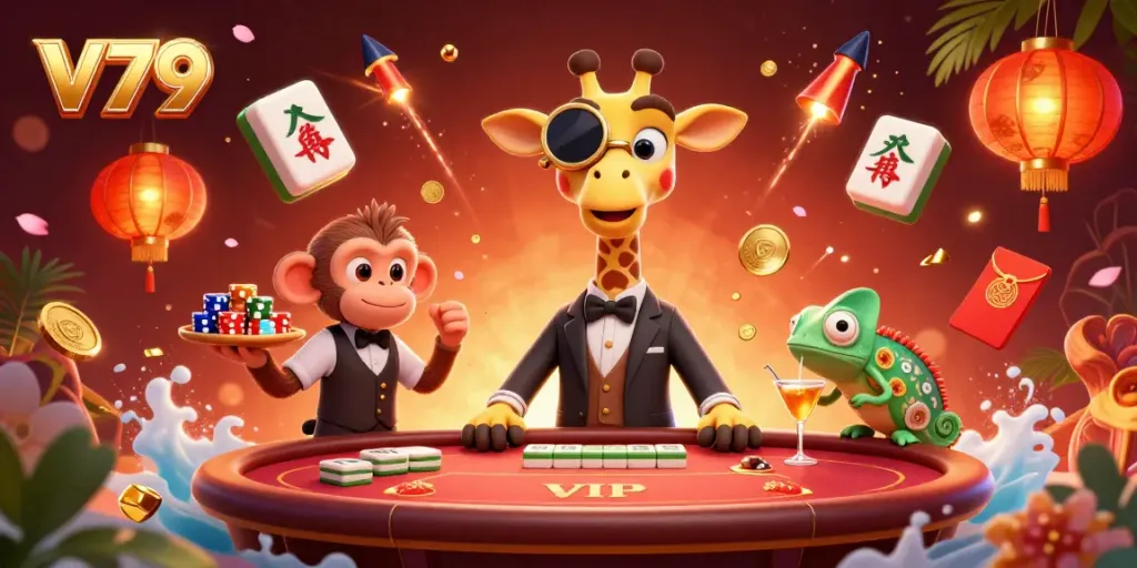 Trải nghiệm V79 hấp dẫn với giraffe cao bồi, khỉ phục vụ và tắc kè bartender trong sòng bạc