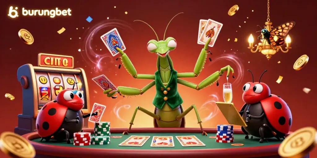 Experience the vibrant casino energy with burungbet, featuring a giant praying mantis card sharp and lively elements.