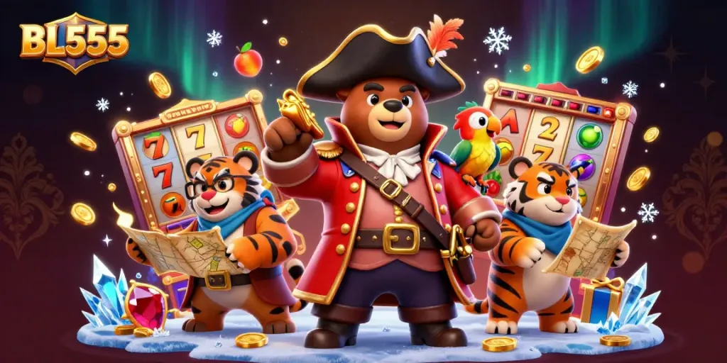 Engage with thrilling jackpot slots at BL555, featuring animated characters amidst gold coins and dynamic elements.