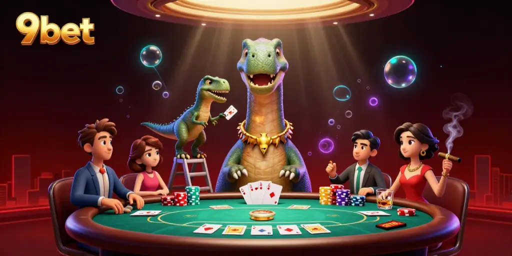 Experience 9bet's exciting poker scene with a whimsical dinosaur dealer and vibrant gameplay elements.