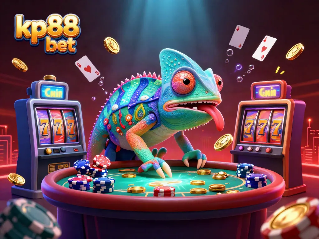 Experience kp88 bet with vibrant, dynamic slot game elements and a colorful chameleon casino owner.