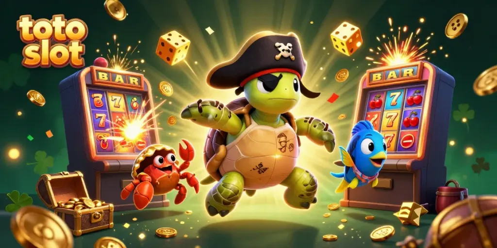 Menyusuri jackpot toto slot yang mengagumkan dengan karakter kartun 3D, simbol permainan, dan harta karun berkilau.