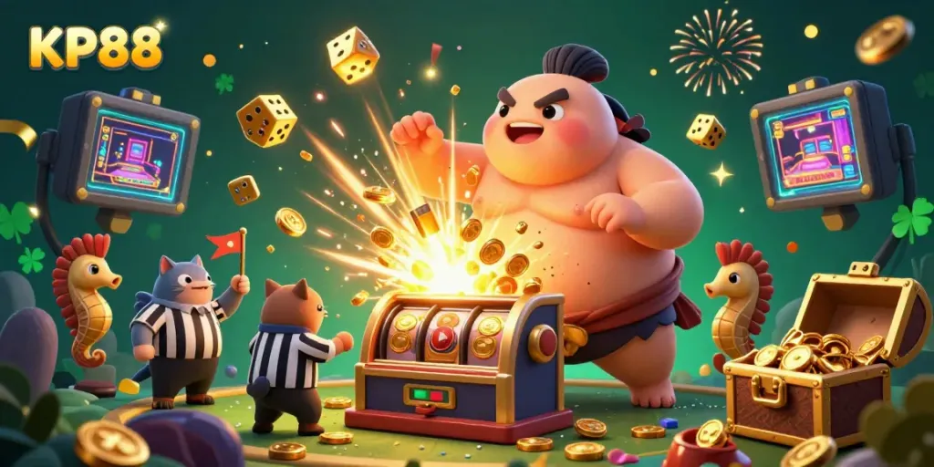 Experience KP88's dynamic casino world with a blowfish, a referee catfish, and seahorse fans in a vibrant jackpot celebration.
