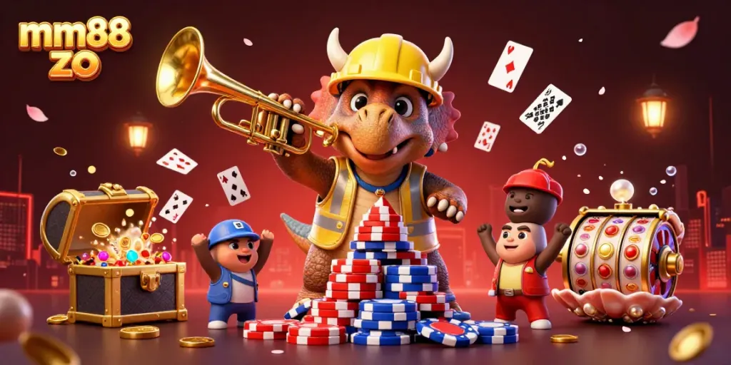 Engage with mm88 zo as a triceratops builds poker chip pyramids among vibrant casino elements.