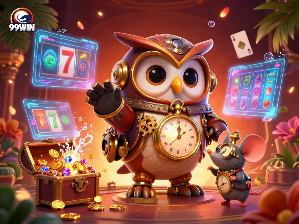 Immerse in the 99WIN gaming world with an epic 3D steampunk owl enjoying dynamic casino adventures.