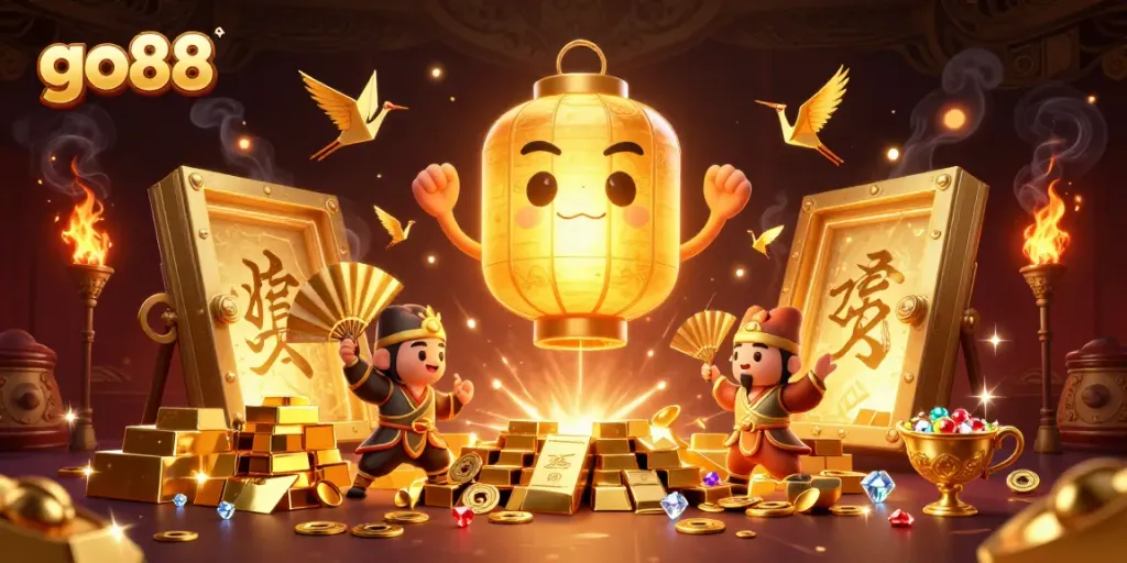 Experience go88's vibrant casino ambiance with dazzling golden elements and animated characters.