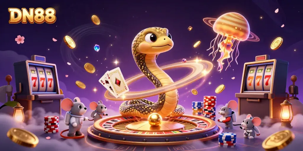 Engage with DN88’s thrilling casino atmosphere featuring vibrant games and cosmic characters.