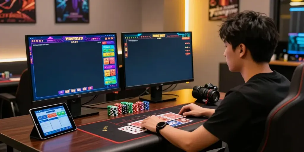 Bandar Togel online dengan permainan mewah dan perangkat modern di meja gaming.