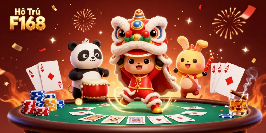 Engage in thrilling action with Hỗ Trợ F168 as vibrant characters celebrate around a poker table.