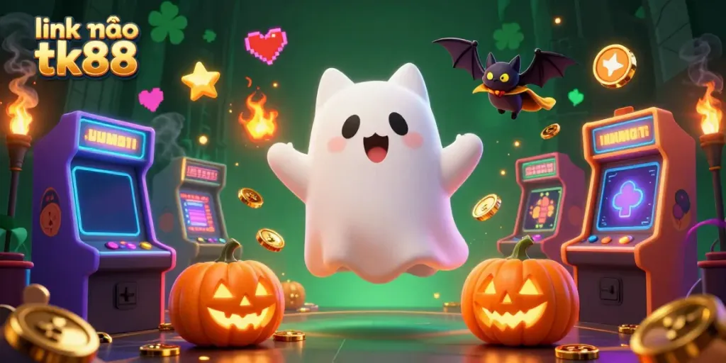 Experience the thrilling ambiance of playing games at link vào tk88 with a friendly ghost cat and vibrant arcade machines.