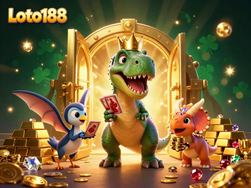Engaging Loto188 scene with a T-Rex playing cards, a pterodactyl assistant, and a triceratops stacking chips.