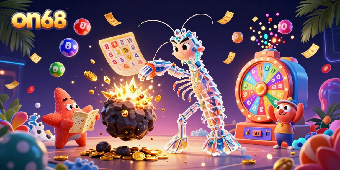 Engage with on68 as a mantis shrimp bursts through an asteroid showering coins, revealing a colorful gaming scene.