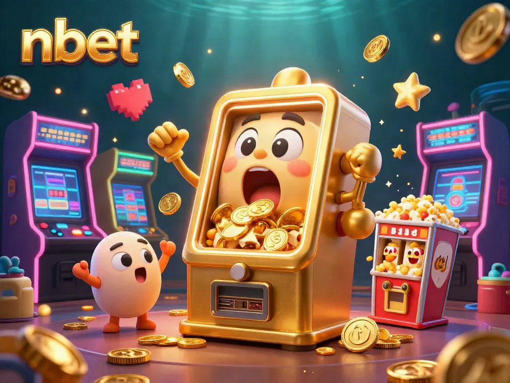 Spin to win with nbet’s golden slot machine celebrating a jackpot amidst cheerful baby slots and arcade fun!