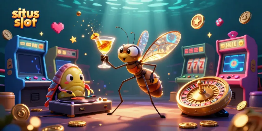 Jelajahi situs slot terbaik melalui ilustrasi kasino yang dinamis dan ceria.